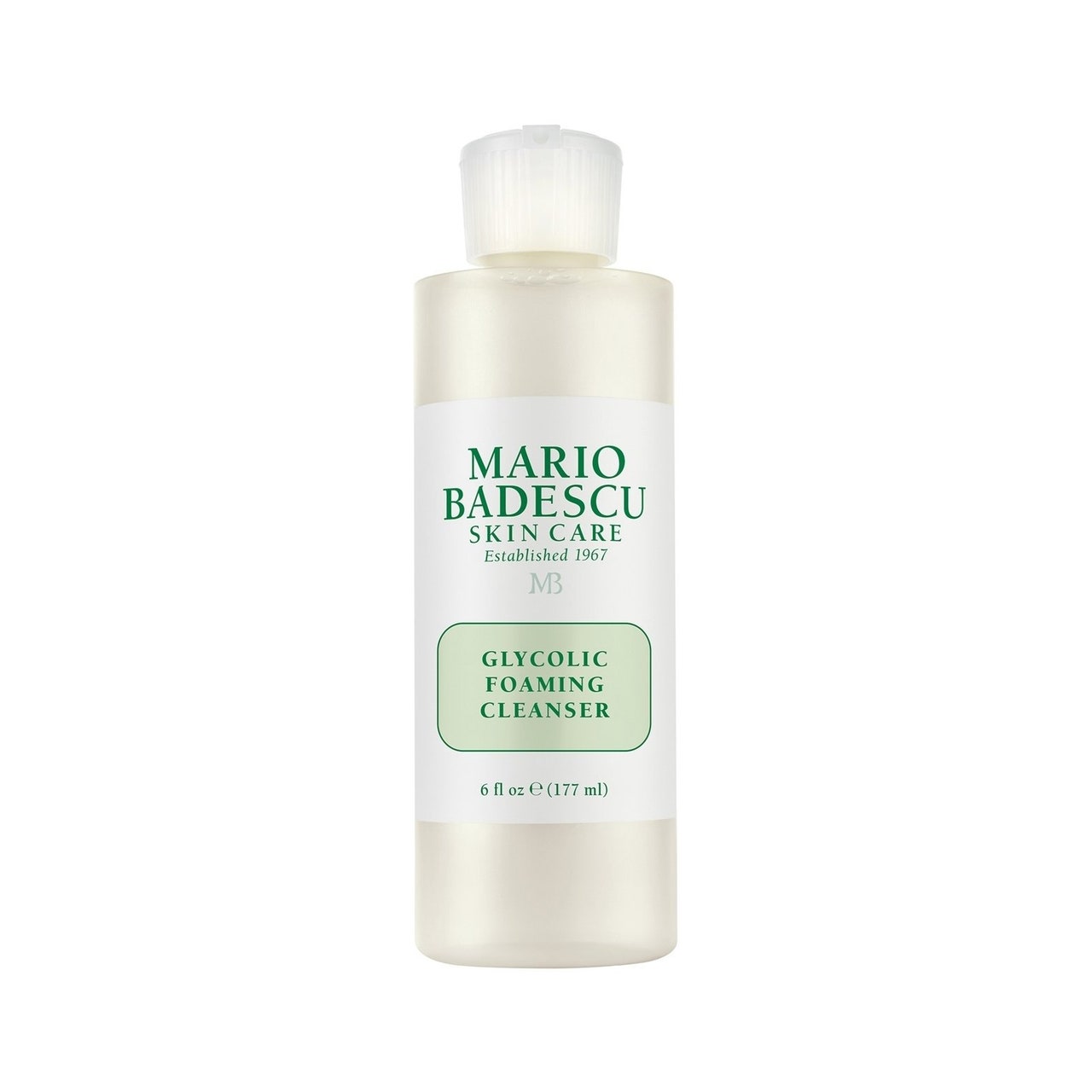 Mario Badescu Glycolic Foaming Cleanser translucent tube of cleanser with white and green label on white background