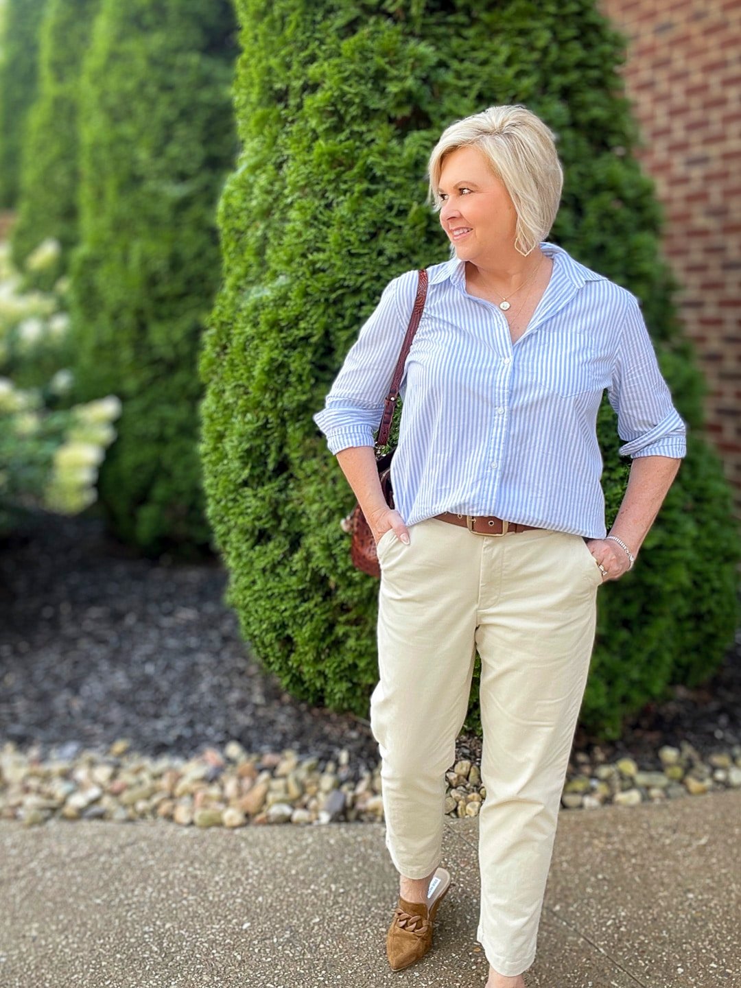 Over 40 Fashion Blogger, Tania Stephens is showing how to style Chinos and a striped shirt for summer6