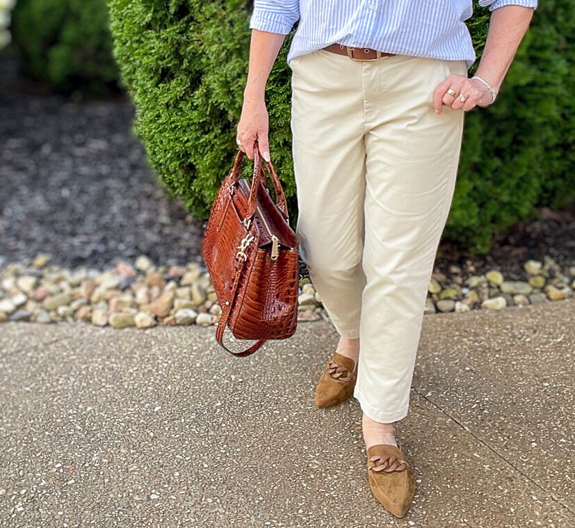 Over 40 Fashion Blogger, Tania Stephens is showing how to style Chinos and a striped shirt for summer2