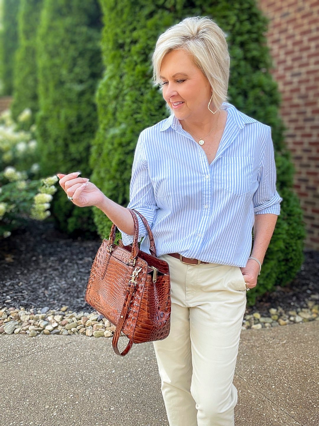 Over 40 Fashion Blogger, Tania Stephens is showing how to style Chinos and a striped shirt for summer10