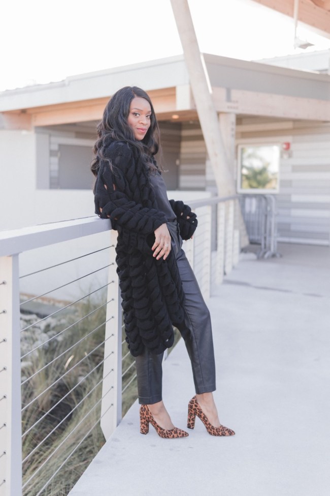 for-times-when-you-are-too-tired-to-meditate-blackyogamom-black-leather-banana-republic-pants-boohoo-ruffle-detail-midi-cardigan-truffle-shoe-collection-leopard-print-heels-tampa-fashion