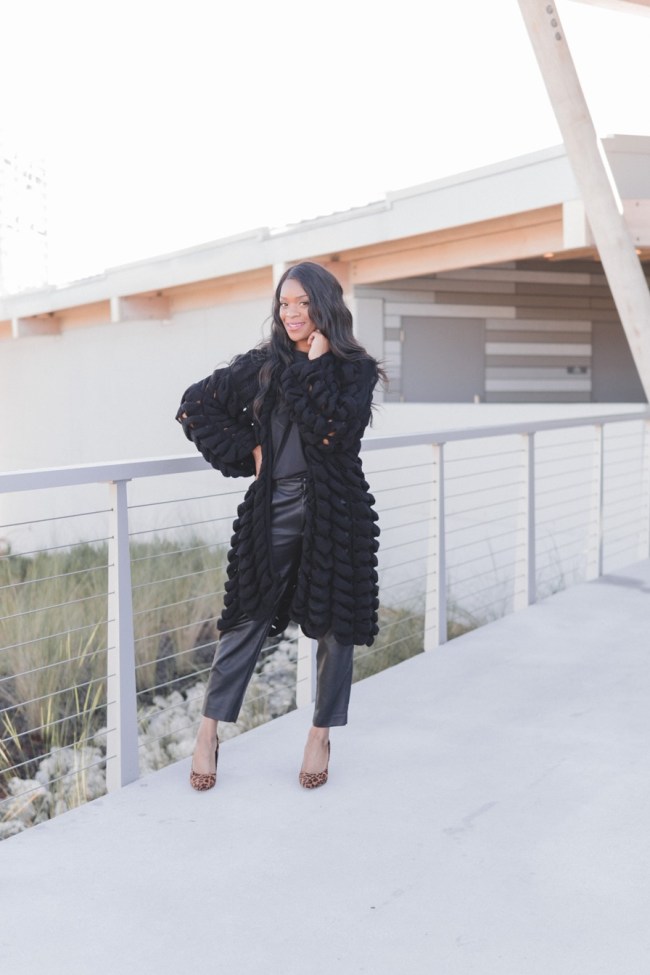 for-times-when-you-are-too-tired-to-meditate-blackyogamom-black-leather-banana-republic-pants-boohoo-ruffle-detail-midi-cardigan-truffle-shoe-collection-leopard-print-heels-tampa-fashion-blogger