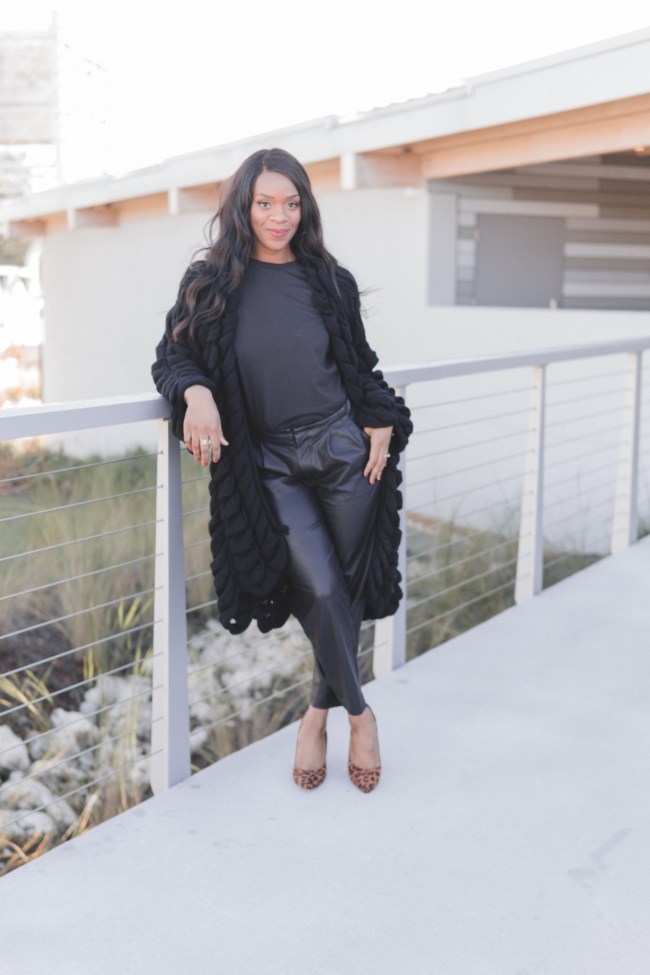 for-times-when-you-are-too-tired-to-meditate-blackyogamom-black-leather-banana-republic-pants-boohoo-ruffle-detail-midi-cardigan-truffle-shoe-collection-leopard-print-heels-ootd-tampa-fashion-blogger