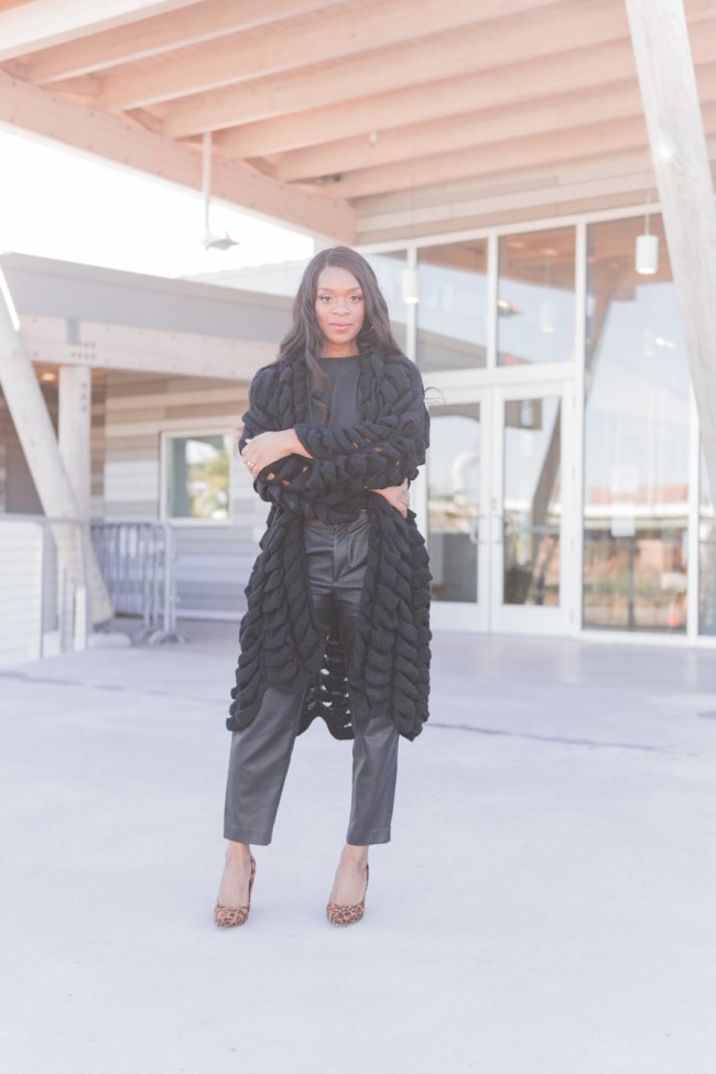 for-times-when-you-are-too-tired-to-meditate-blackyogamom-black-leather-banana-republic-pants-boohoo-us-ruffle-detail-midi-cardigan-truffle-shoe-collection-leopard-print-heels-tampa-fashion-blogger