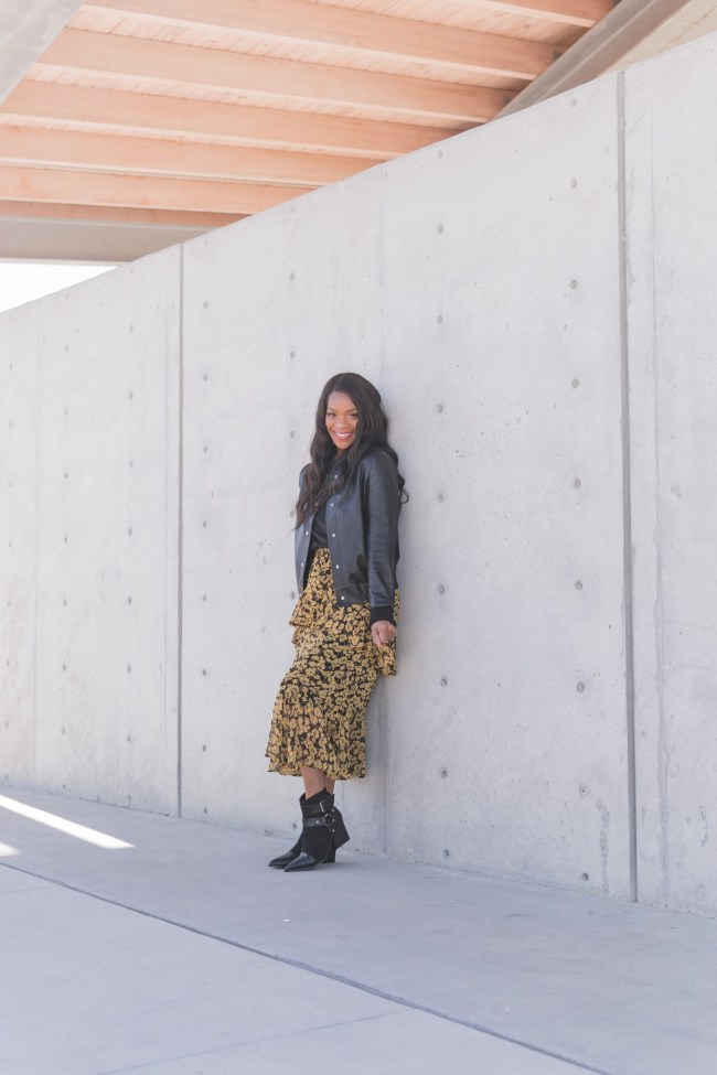 Sis-i-see-you-encouragement-for-black-women-at-work-professional-fashion-Floral-print-tiered- skirt-who-what-wear-target-style-truffle-shoe-collection-black-booties-power-pose-blackyogamom