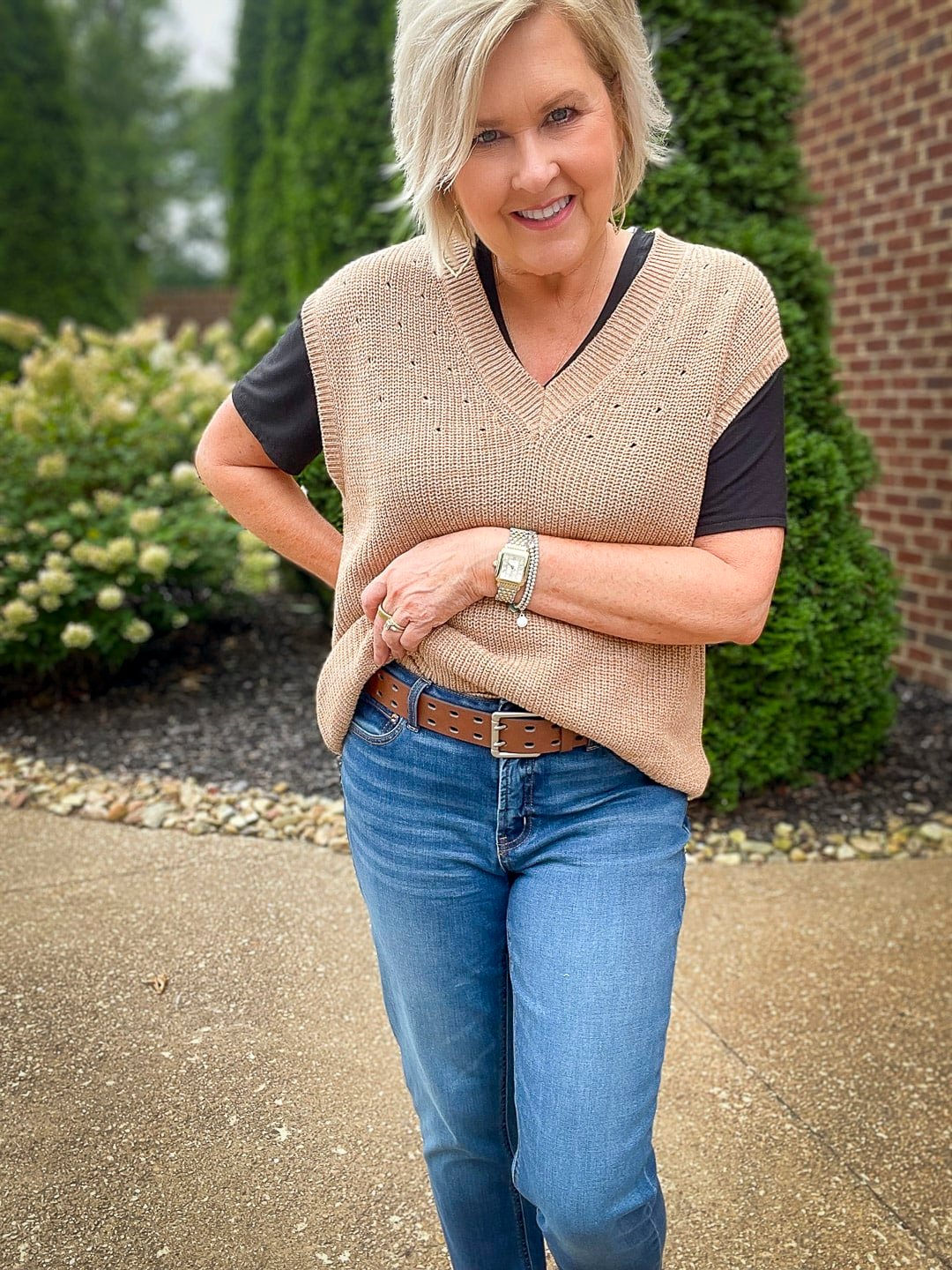 Over 40 Fashion Blogger, Tania Stephens is wearing a tan vest for fall from Walmart15