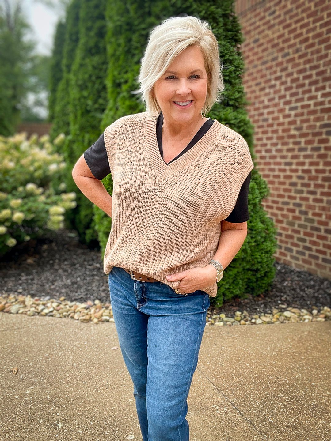 Over 40 Fashion Blogger, Tania Stephens is wearing a tan vest for fall from Walmart2
