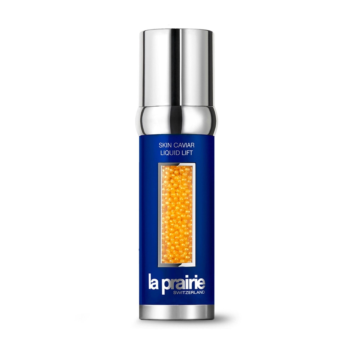 A blue and silver serum bottle with orange beads inside