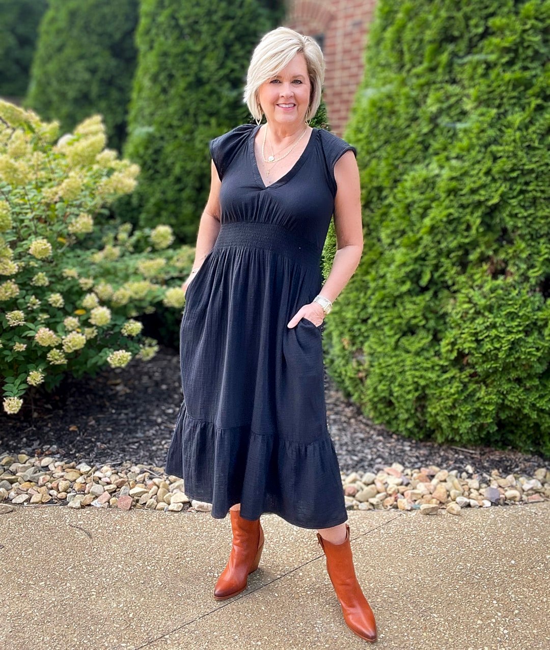 Over 40 Fashion Blogger, Tania Stephens is styling Old Navy Fall Dresses with western boots40