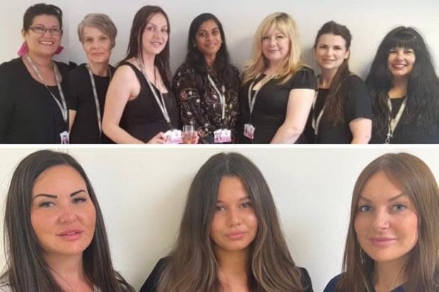 Top L-R:  Wiltshire School of Beaty and Holistic Therapy's Chrissy Montgomery, Allie Maisey, Naomi Flower, Shilpa Vadlamudi, Bee Hiner , Casey Cambray and Tia Dowman. Bottom L-R: The Beautia Aesthetics Academy's Amy Carpenter, Liv Dowman, Naomi Flower