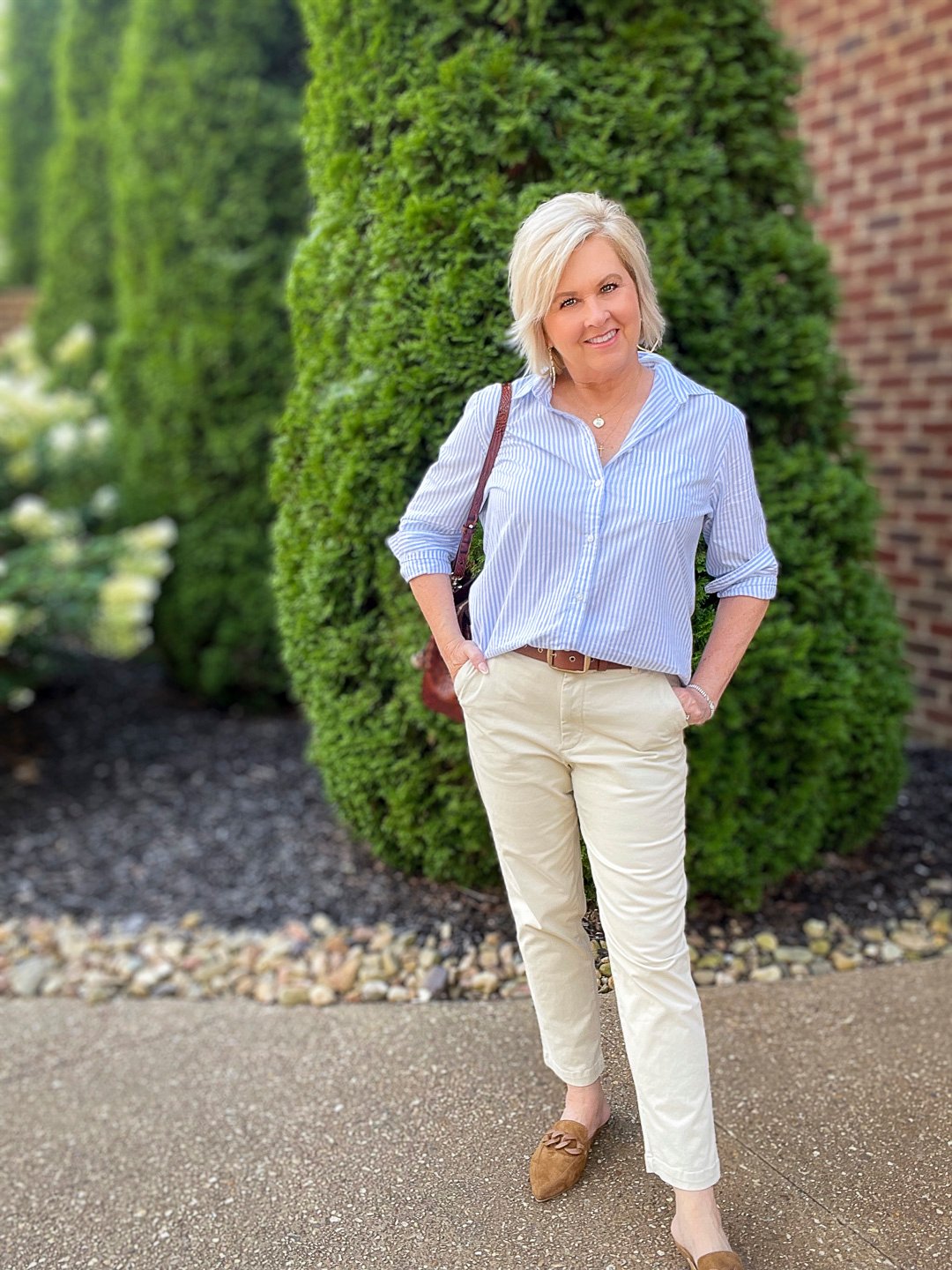 Over 40 Fashion Blogger, Tania Stephens is showing how to style Chinos and a striped shirt for summer5