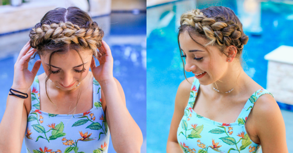 Side to side images of girl modeling Milkmaid Braids DIY