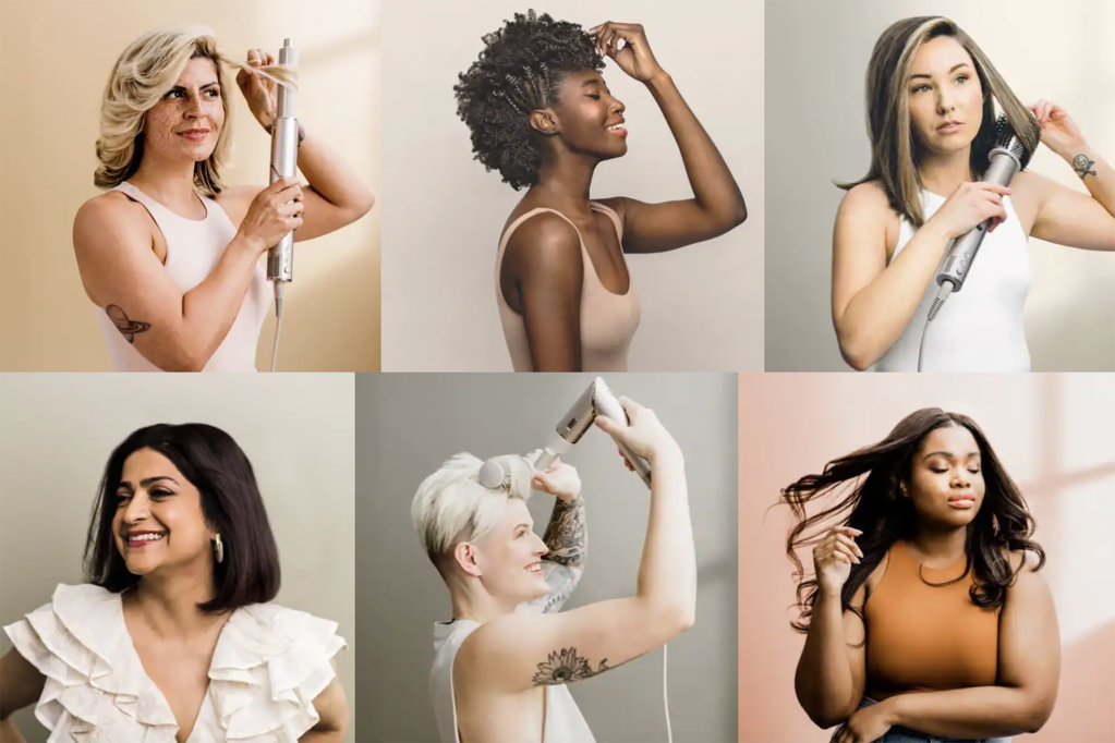 An array of women styling their hair 