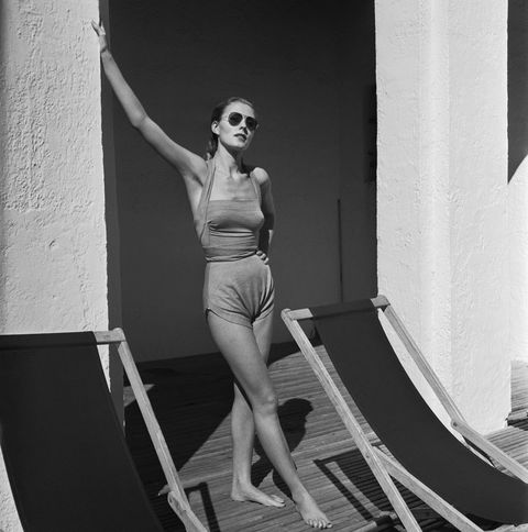 a woman models a swimsuit designed by claire mccardell bermuda, 1946  location bermuda photo by genevieve naylorcorbis via getty images