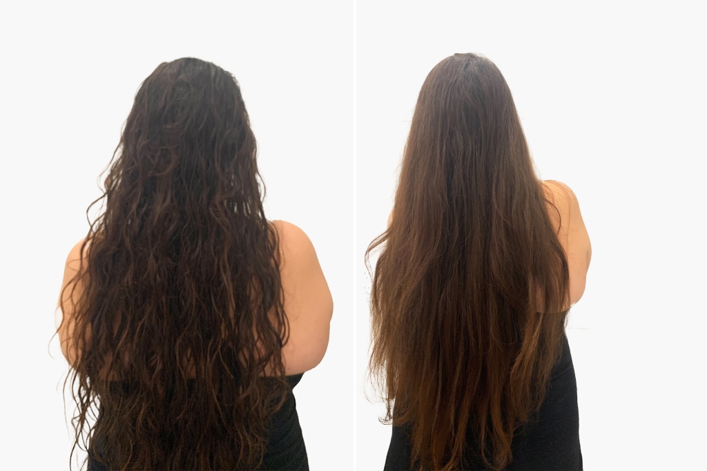 A side by side of wet hair on the left, compared to the dry and straight hair on the right, 15 minutes later 