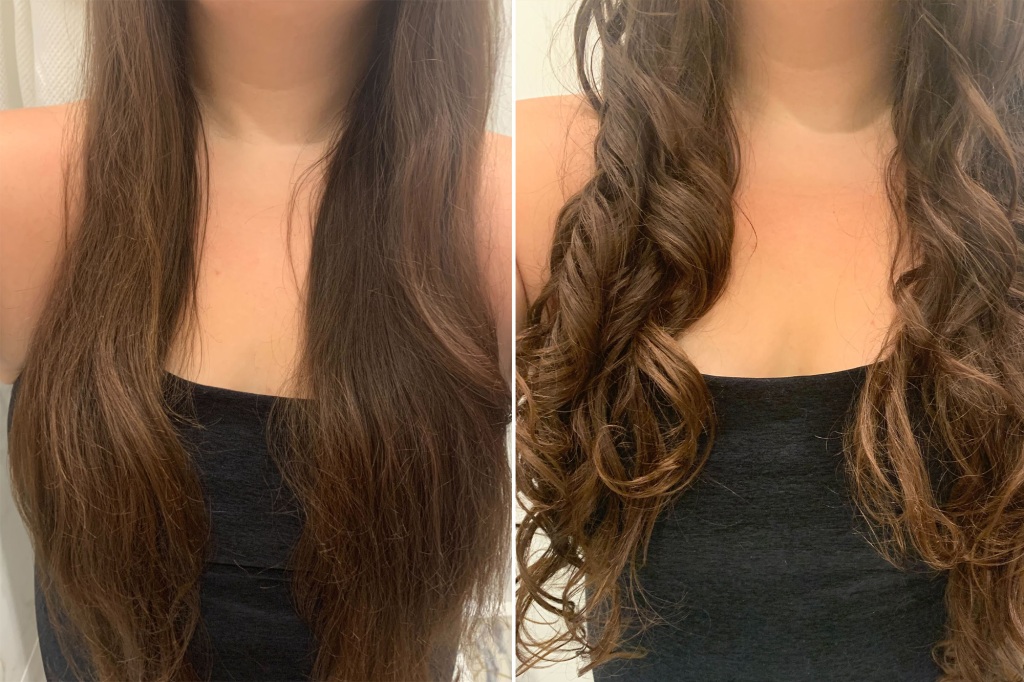A side by side of straight and curled hair