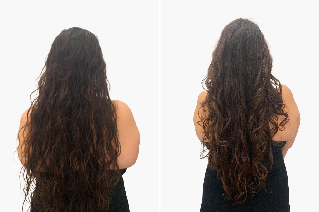 A side by side of wet hair on the left, compared to the curled hair on the right, 15 minutes later 